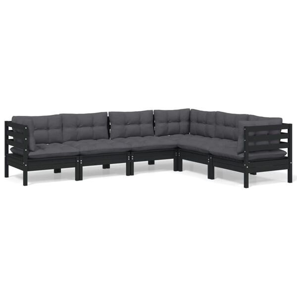 vidaXL 6 Piece Garden Lounge Set with Cushions Black Solid Pinewood