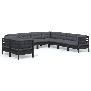 vidaXL 9 Piece Garden Lounge Set with Cushions Black Solid Pinewood