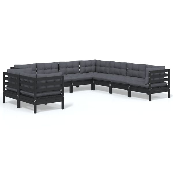 vidaXL 9 Piece Garden Lounge Set with Cushions Black Solid Pinewood