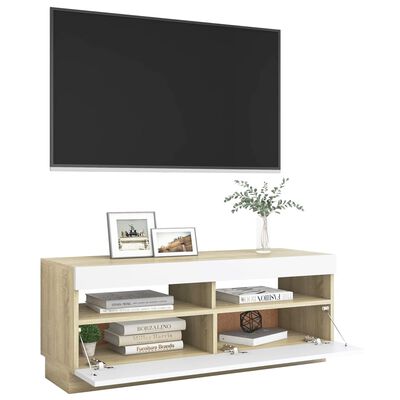 vidaXL TV Cabinet with LED Lights White and Sonoma Oak 100x35x40 cm