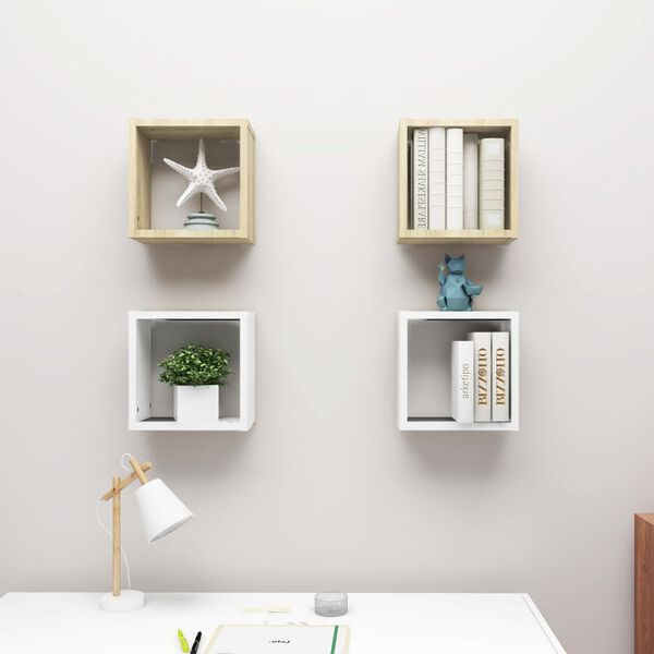 vidaXL Wall Cube Shelves 4 pcs White and Sonoma Oak 30x15x30 cm