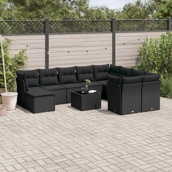vidaXL 10 Piece Garden Sofa Set with Cushions Black Poly Rattan
