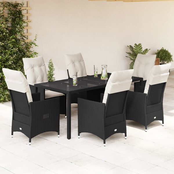 vidaXL 7 Piece Garden Dining Set with Cushions Black Poly Rattan