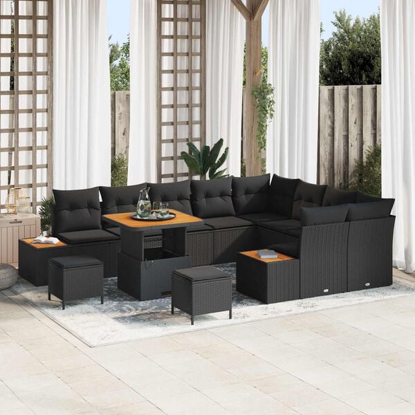 vidaXL Garden Sofa Set with Cushion with Storage Black Poly rattan