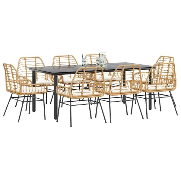 vidaXL 9 Piece Garden Dining Set with Cushions Brown Poly Rattan Glass