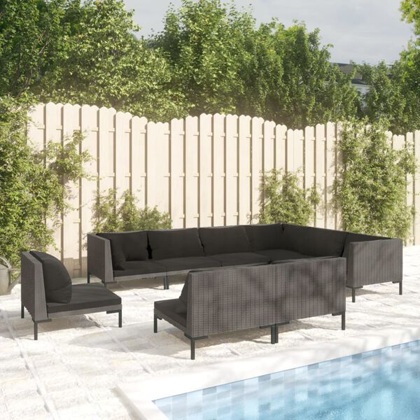 vidaXL 9 Piece Garden Lounge Set with Cushions Poly Rattan Dark Grey