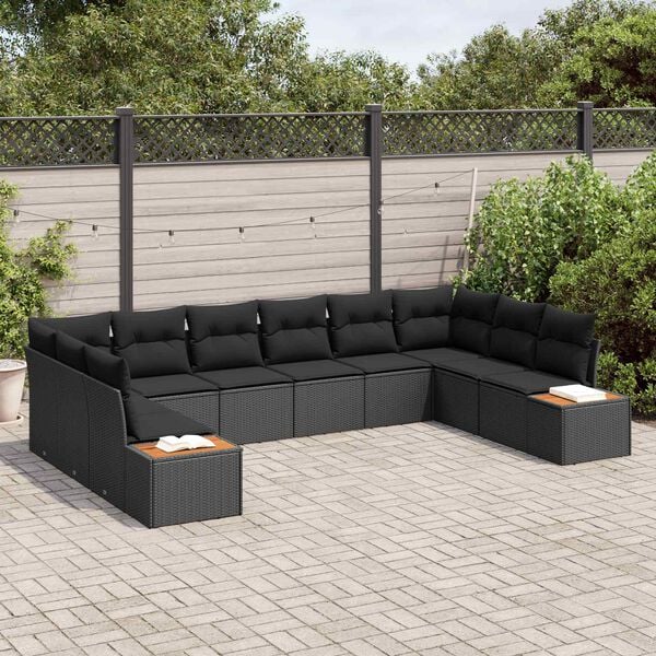 vidaXL Garden Sofa Set with Cushion 10 pcs Black Poly Rattan