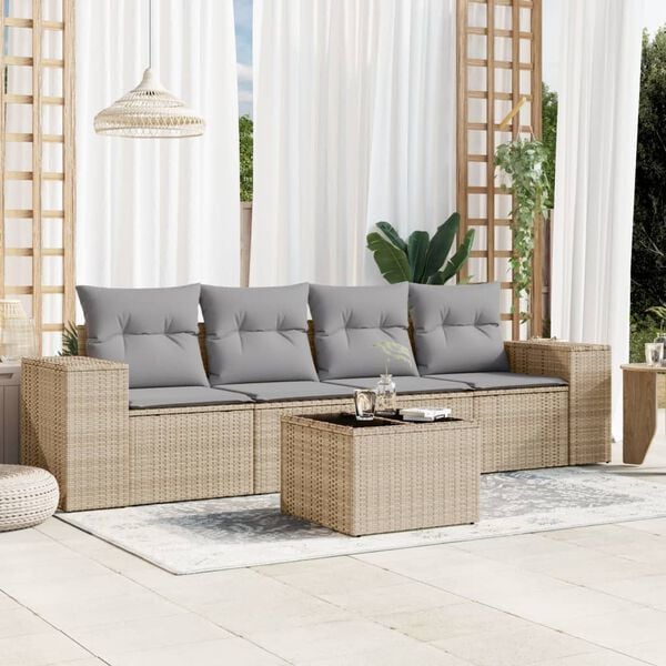 vidaXL 5 Piece Garden Sofa Set with Cushions Beige Poly Rattan