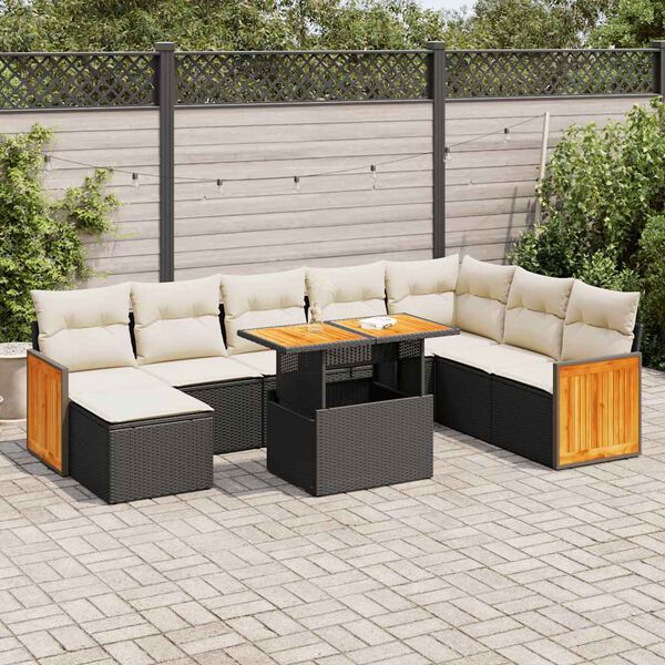 vidaXL 9 Piece Garden Sofa Set with Cushions Black Poly Rattan Acacia