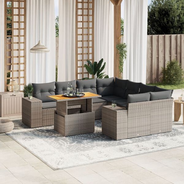 vidaXL 9 Piece Garden Sofa Set with Cushions Grey Poly Rattan