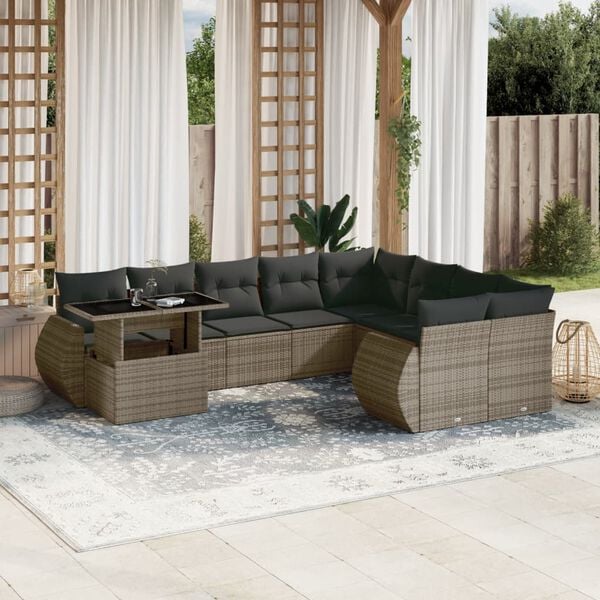 vidaXL 10 Piece Garden Sofa Set with Cushions Grey Poly Rattan