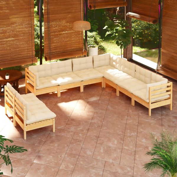 vidaXL 9 Piece Garden Lounge Set with Cream Cushions Solid Pinewood