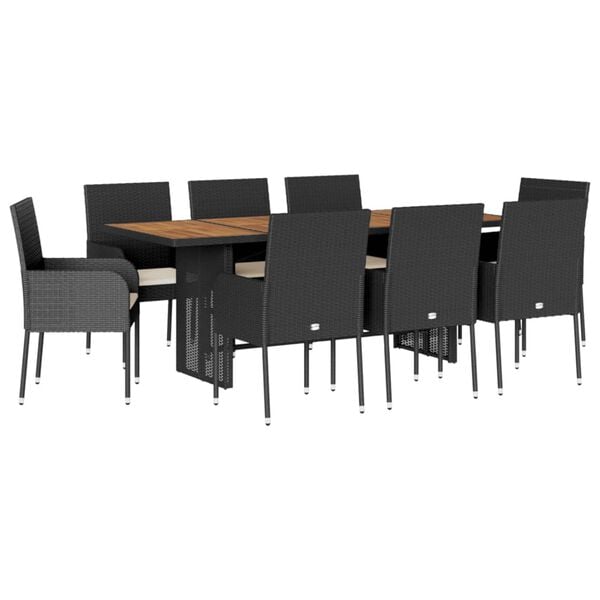 vidaXL 9 Piece Garden Dining Set with Cushions Black Poly Rattan