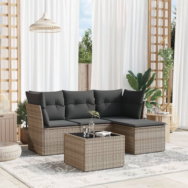 vidaXL 5 Piece Garden Sofa Set with Cushions Grey Poly Rattan