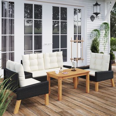 vidaXL 4 Piece Garden Lounge Set with Cushions Poly Rattan&Solid Wood