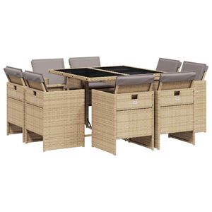 vidaXL 9 Piece Garden Dining Set with Cushions Mix Beige Poly Rattan