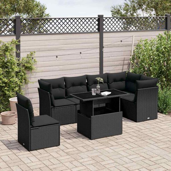 vidaXL 7 Piece Garden Sofa Set with Cushions Black Poly Rattan
