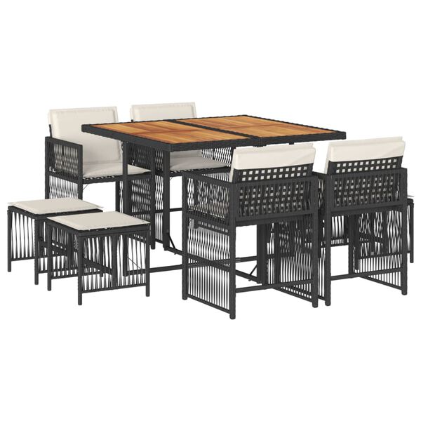 vidaXL 9 Piece Garden Dining Set with Cushions Black Poly Rattan