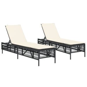 vidaXL Sun Loungers with Cushions 2 pcs Black Poly Rattan