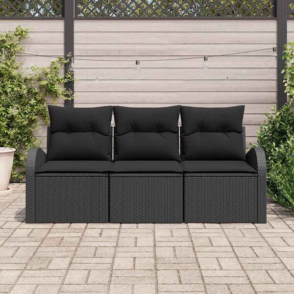 vidaXL Garden Sofa Set with Cushion 3 pcs Black Poly rattan