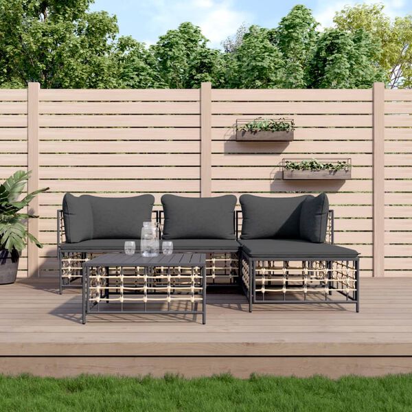 vidaXL 4 Piece Garden Lounge Set with Cushions Anthracite Poly Rattan