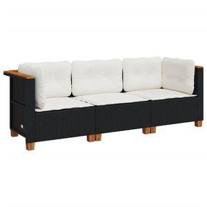 vidaXL Garden Sofa with Cushions 3-Seater Black Poly Rattan