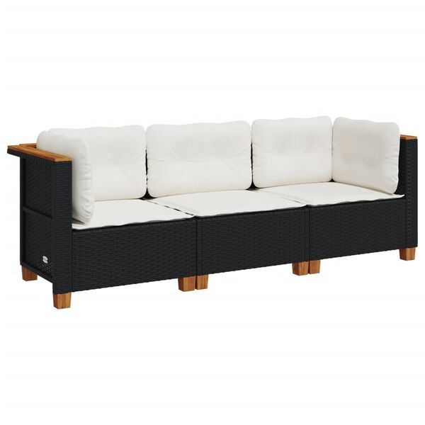 vidaXL Garden Sofa with Cushions 3-Seater Black Poly Rattan