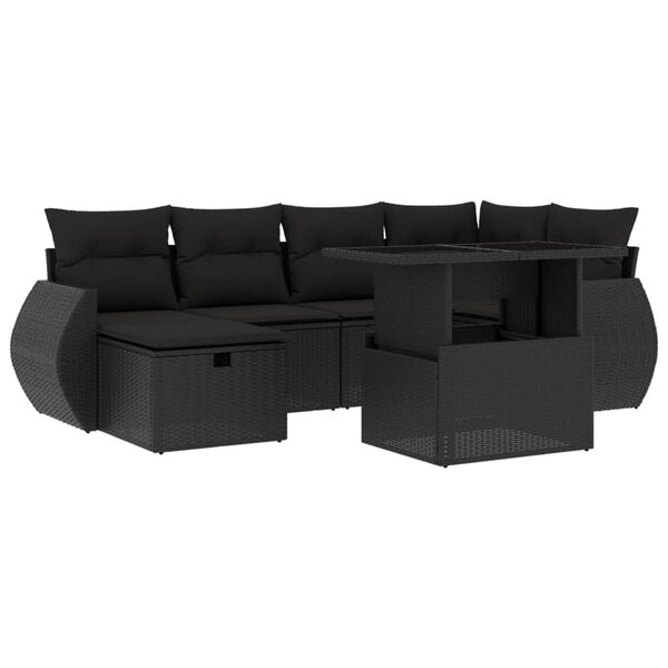vidaXL 7 Piece Garden Sofa Set with Cushions Black Poly Rattan