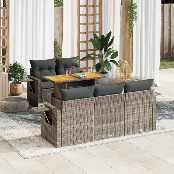 vidaXL 6 Piece Garden Sofa Set with Cushions Grey Poly Rattan