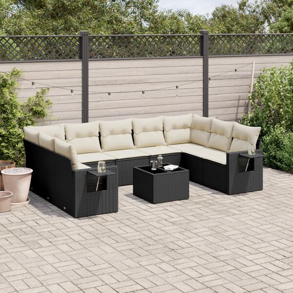 vidaXL 10 Piece Garden Sofa Set with Cushions Black Poly Rattan