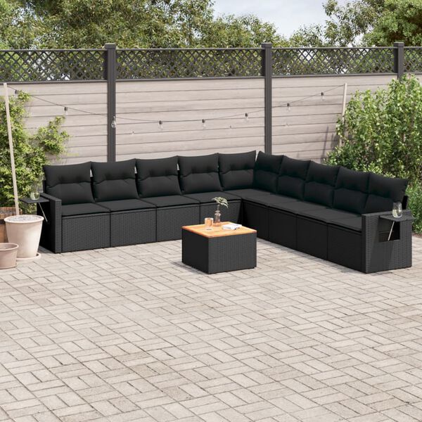 vidaXL 10 Piece Garden Sofa Set with Cushions Black Poly Rattan
