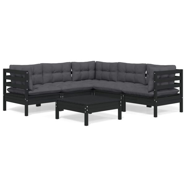 vidaXL 6 Piece Garden Lounge Set with Cushions Black Solid Pinewood