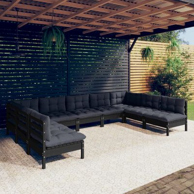 vidaXL 9 Piece Garden Lounge Set with Cushions Black Solid Pinewood