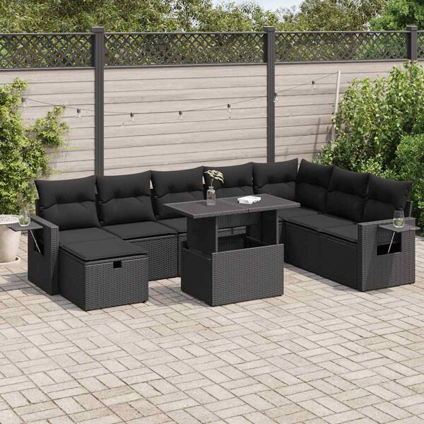 vidaXL 9 Piece Garden Sofa Set with Cushions Black Poly Rattan