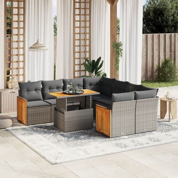vidaXL 9 Piece Garden Sofa Set with Cushions Grey Poly Rattan