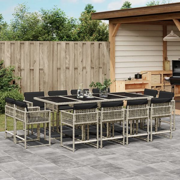 vidaXL 13 Piece Garden Dining Set with Cushions Light Grey Poly Rattan