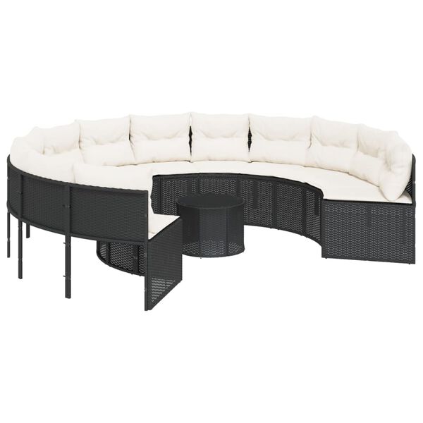 vidaXL Garden Sofa with Table and Cushions Round Black Poly Rattan