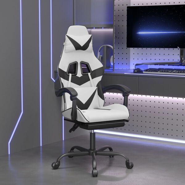 vidaXL Swivel Gaming Chair with Footrest White&Black Faux Leather