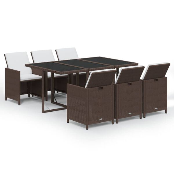 vidaXL 7 Piece Garden Dining Set with Cushions Poly Rattan Brown
