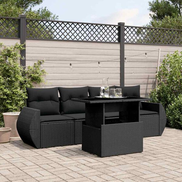 vidaXL 5 Piece Garden Sofa Set with Cushions Black Poly Rattan