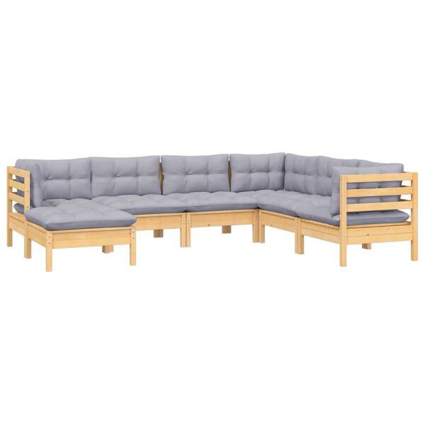 vidaXL 7 Piece Garden Lounge Set with Grey Cushions Solid Pinewood