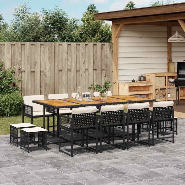 vidaXL 13 Piece Garden Dining Set with Cushions Black Poly Rattan