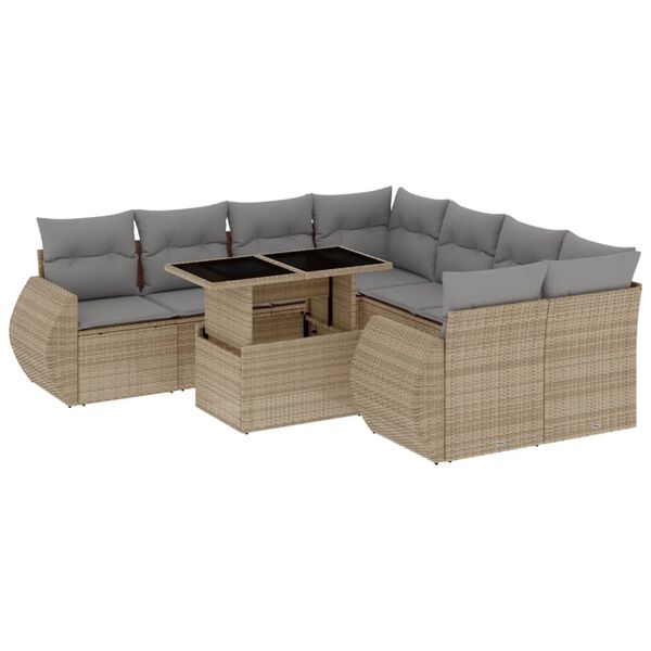 vidaXL 9 Piece Garden Sofa Set with Cushions Beige Poly Rattan