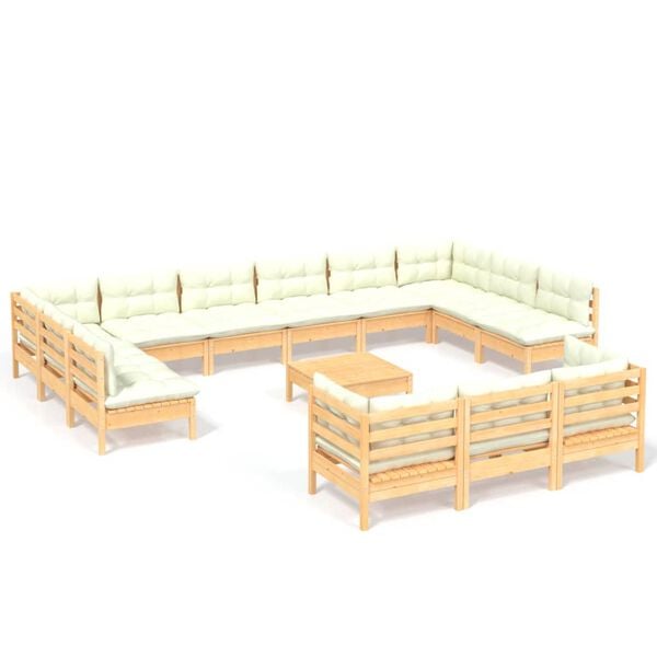 vidaXL 14 Piece Garden Lounge Set with Cream Cushions Pinewood