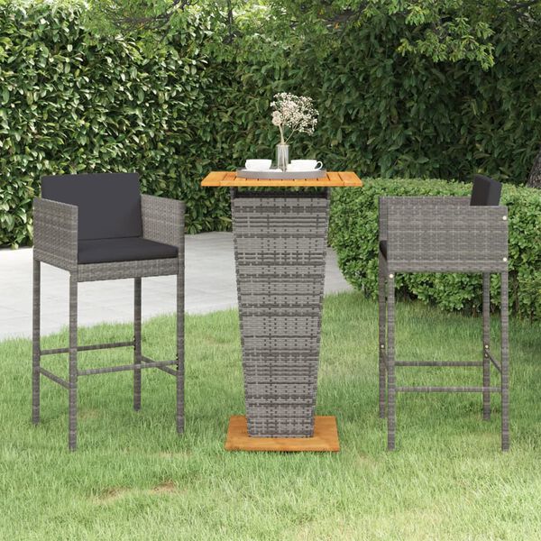 vidaXL 3 Piece Garden Bar Set with Cushions Poly Rattan Grey