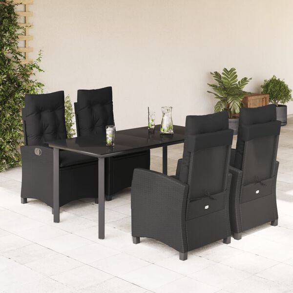 vidaXL 5 Piece Garden Dining Set with Cushions Black Poly Rattan