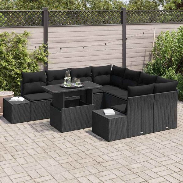 vidaXL Garden Sofa Set with Cushion 9 pcs Black Poly Rattan
