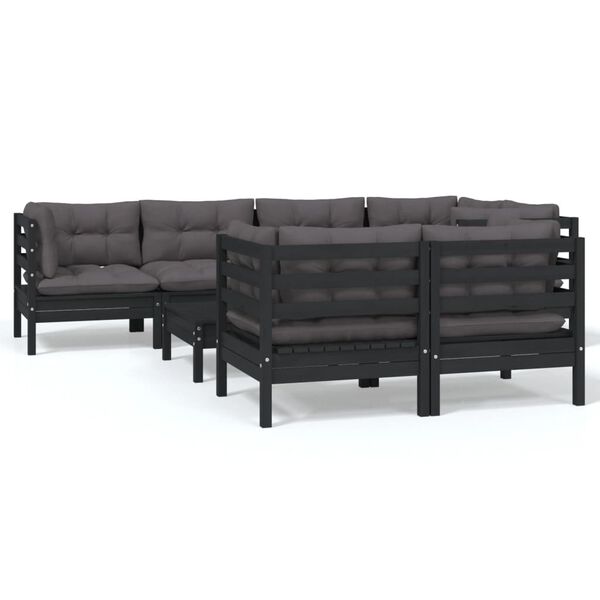 vidaXL 8 Piece Garden Lounge Set with Cushions Black Solid Pinewood