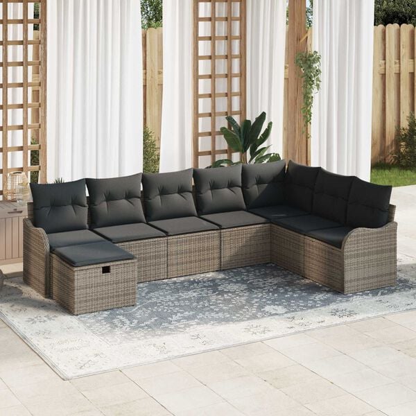vidaXL Sofa Set with Cushion with Storage 8 pcs Grey Poly Rattan
