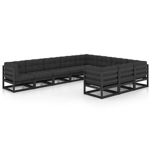 vidaXL 10 Piece Garden Lounge Set with Cushions Black Solid Wood Pine